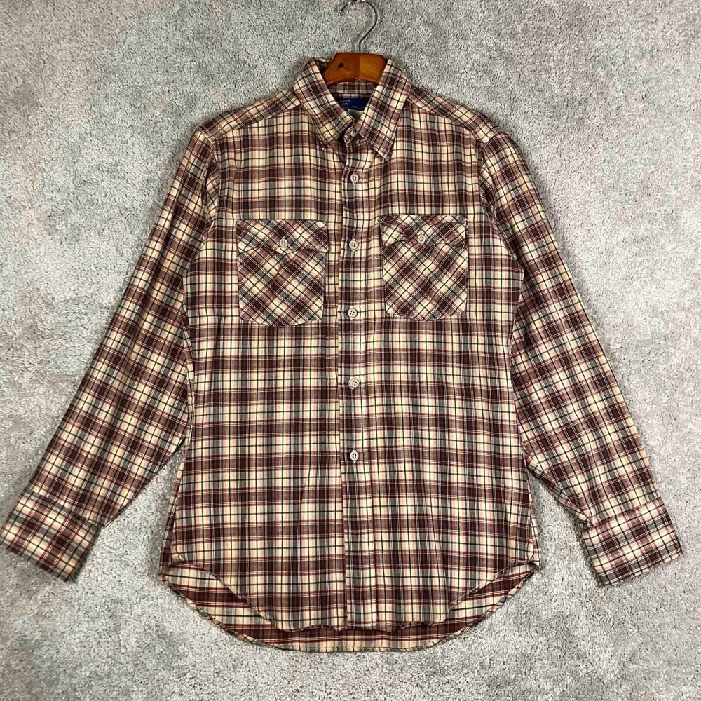 Vintage JCPenney Plain Pockets Mens Plaid Button Down Shirt Medium Brown Tan Red
